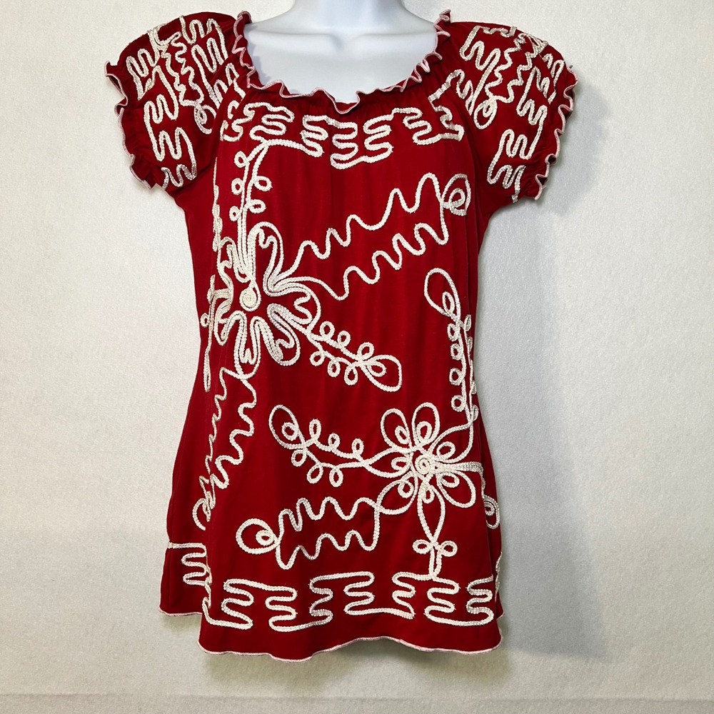 Lauren Michelle Boho Y2K Peasant Red Soutache Floral Embroidered‎ Ruffle Top S